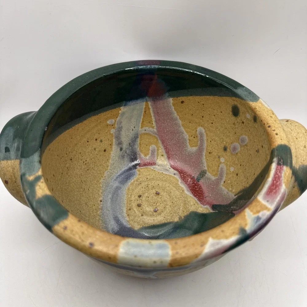 Ayers Pottery  Bread Baker Drip Glaze Handles Artist Signed 2013 4x7